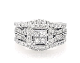 Previously Owned Princess-Cut Quad Diamond Halo Bridal Set 1-5/8 ct tw 14K White Gold Size 8.25