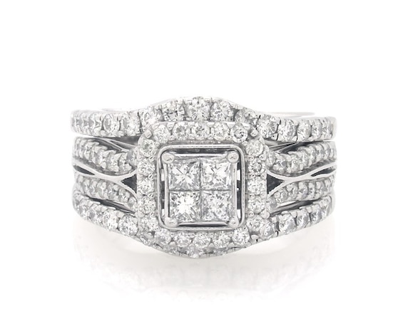Previously Owned Princess-Cut Quad Diamond Halo Bridal Set 1-5/8 ct tw 14K White Gold 8.25