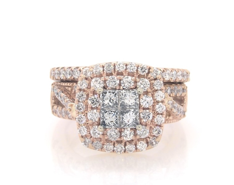 Main Image 1 of Previously Owned Princess-Cut Quad Diamond Bridal Set 1-1/3 ct tw 14K Two-Tone Gold Size 3.25