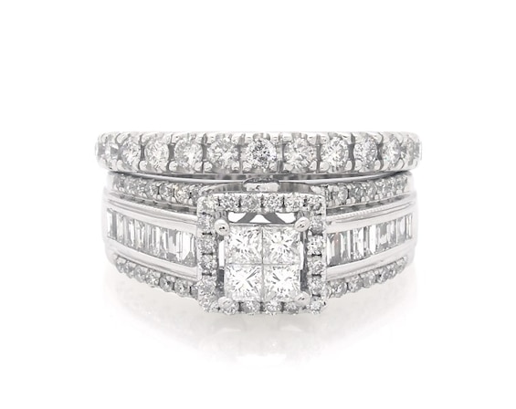 Previously Owned Princess-Cut Quad Diamond Halo Bridal Set 1-3/8 ct tw 14K White Gold Size 7.25