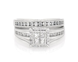 Previously Owned Princess-Cut Quad Diamond Halo Bridal Set 7/8 ct tw 14K White Gold Size 7.25