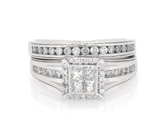 Previously Owned Princess-Cut Quad Diamond Halo Bridal Set 7/8 ct tw 14K White Gold Size 7.25