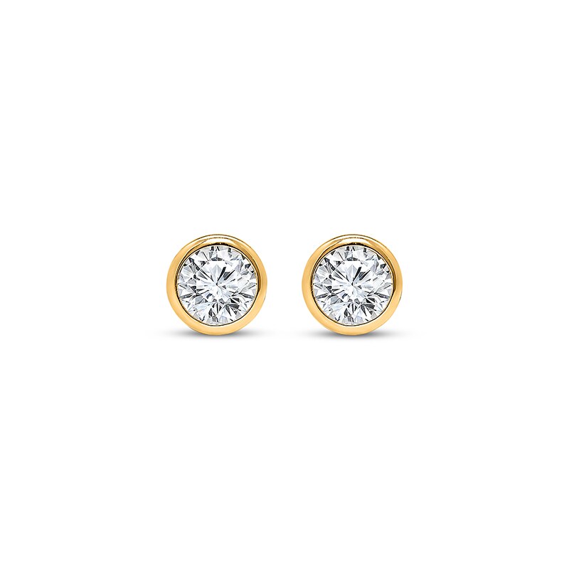Main Image 2 of Previously Owned KAY Lab-Grown Diamonds Round-Cut Bezel-Set Solitaire Stud Earrings 1 ct tw 14K Yellow Gold (F/SI2)
