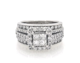 Previously Owned Princess-Cut Quad Diamond Halo Bridal Set 1-3/8 ct tw 14K White Gold Size 4.5