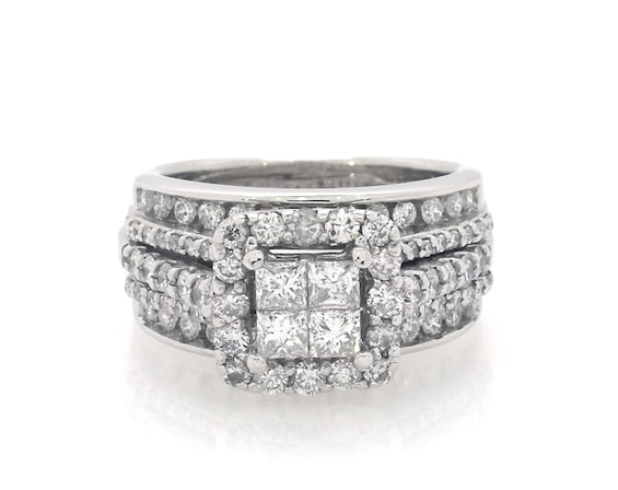 Previously Owned Princess-Cut Quad Diamond Halo Bridal Set 1-3/8 ct tw 14K White Gold Size 4.5