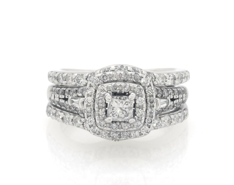 Main Image 1 of Previously Owned Princess-Cut Diamond Double Halo Bridal Set 1 ct tw 10K White Gold Size 4.25
