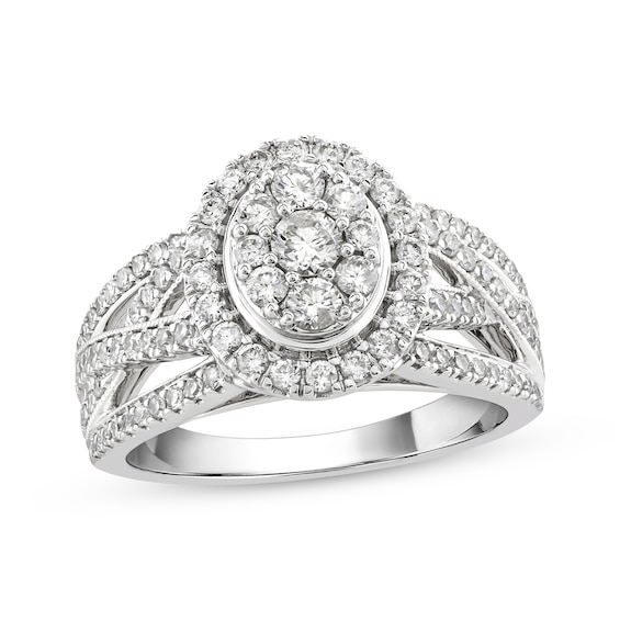 Previously Owned Multi-Diamond Center Oval Frame Engagement Ring 1 ct tw 10K White Gold