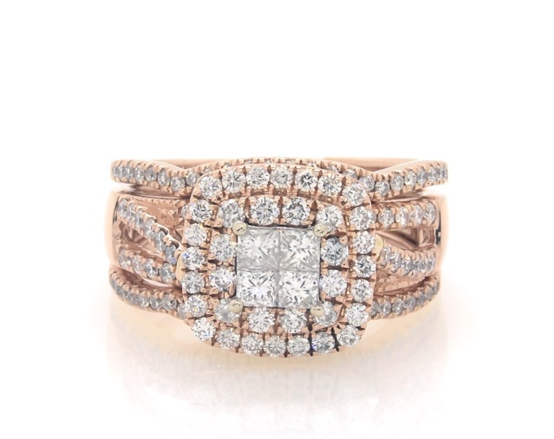 Main Image 1 of Previously Owned Princess-Cut Quad Double Halo Bridal Set 1-3/8 ct tw 14K Two-Tone Gold Size 7.75