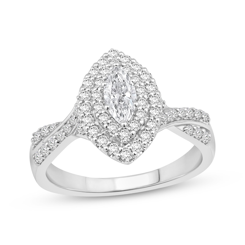 Main Image 1 of Previously Owned Lab-Grown Diamonds Marquise-Cut Double Halo Engagement Ring 3/4 ct tw 14K White Gold