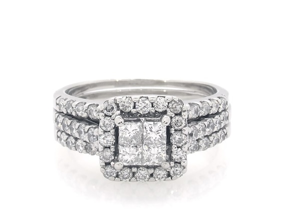 Previously Owned Princess-Cut Quad Diamond Halo Bridal Set 1-3/8 ct tw 14K White Gold Size 6.75