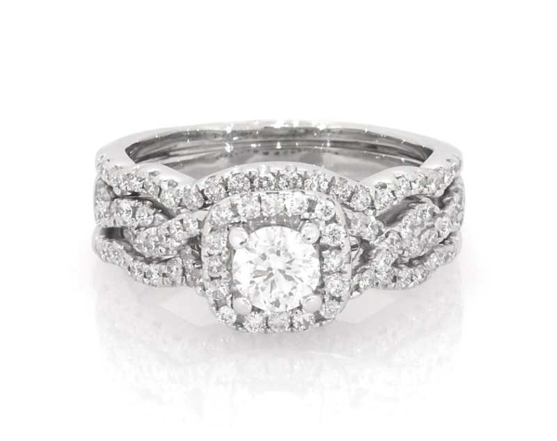 Main Image 1 of Previously Owned Round-Cut Diamond Twist Shank Soldered Bridal Set 1-1/6 ct tw 14K White Gold Size 6.5