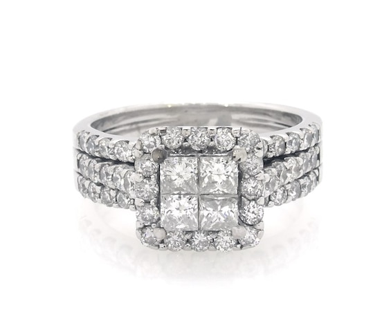 Previously Owned Princess-Cut Quad Diamond Cushion Halo Bridal Set 2 ct tw 14K White Gold Size 7.75