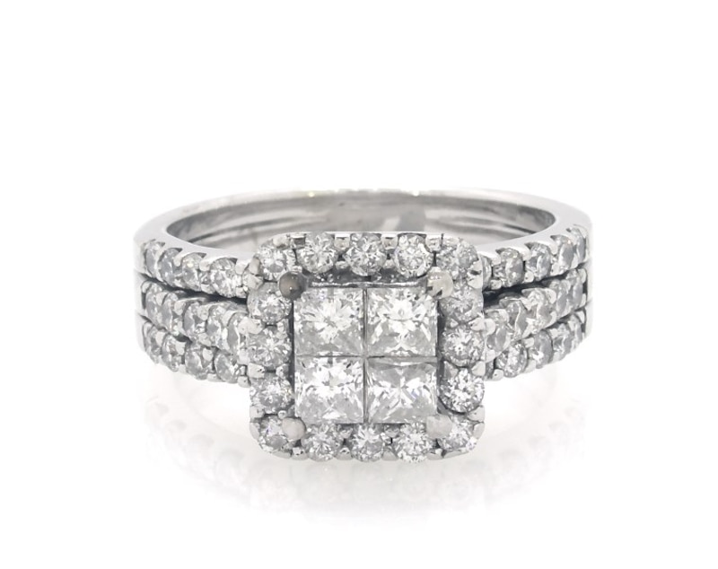 Main Image 1 of Previously Owned Princess-Cut Quad Diamond Cushion Halo Bridal Set 2 ct tw 14K White Gold Size 7.75