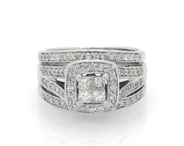 Previously Owned Princess-Cut Quad Diamond Halo Bridal Set 1 ct tw 14K White Gold Size 7.25