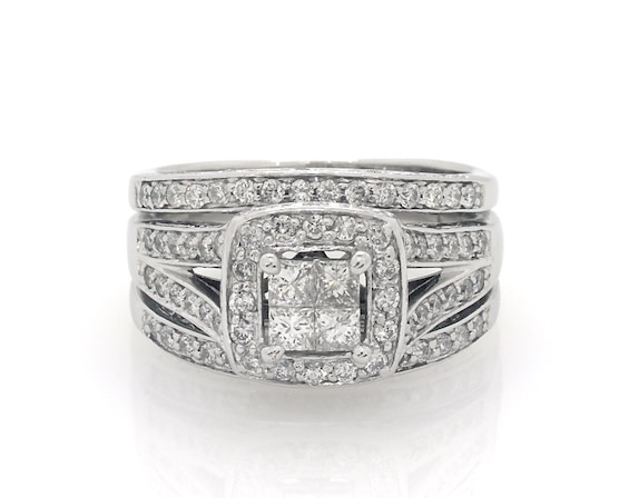 Previously Owned Princess-Cut Quad Diamond Halo Bridal Set 1 ct tw 14K White Gold Size 7.25