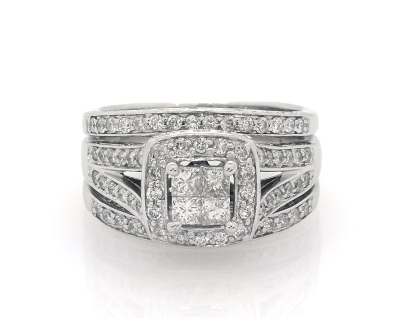 Main Image 1 of Previously Owned Princess-Cut Quad Diamond Halo Bridal Set 1 ct tw 14K White Gold Size 7.25
