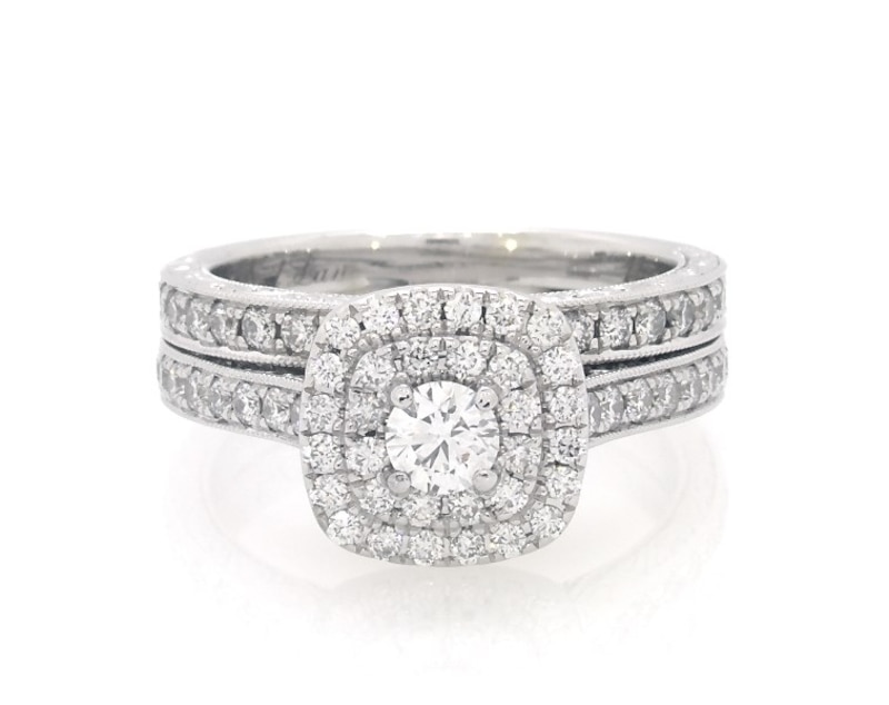 Main Image 1 of Previously Owned Neil Lane Round-Cut Diamond Double Halo Bridal Set 1 ct tw 14K White Gold Size 6.75