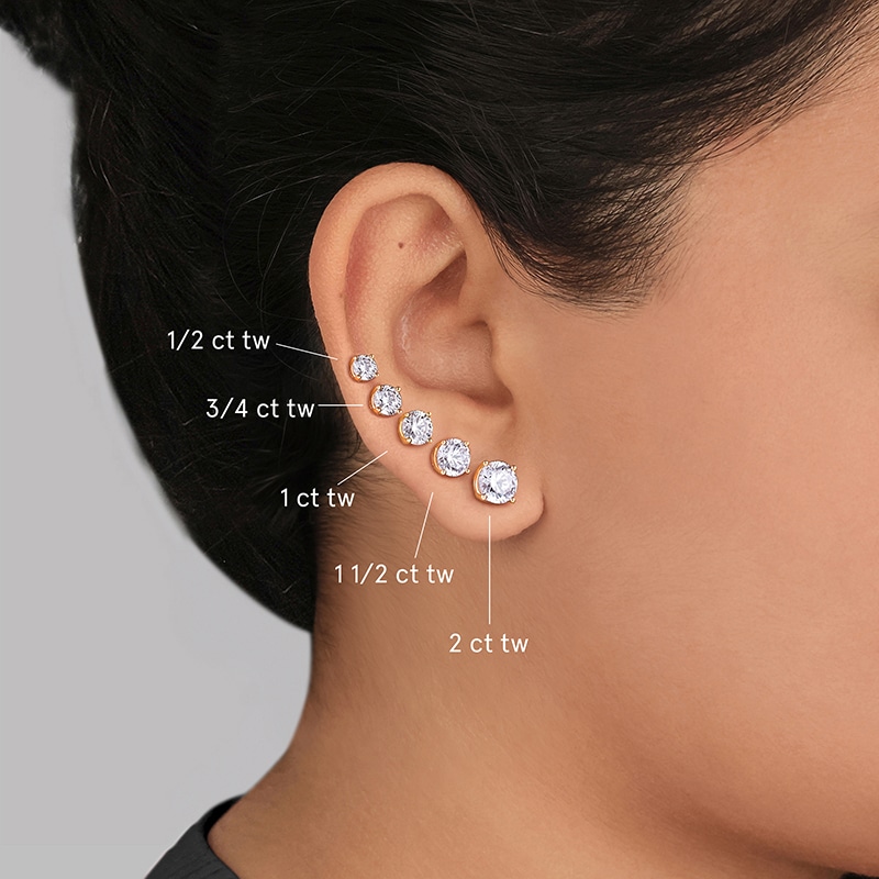 Main Image 4 of Previously Owned KAY Lab-Grown Diamonds Round-Cut Solitaire Stud Earrings 2 ct tw 14K Yellow Gold (F/SI2)