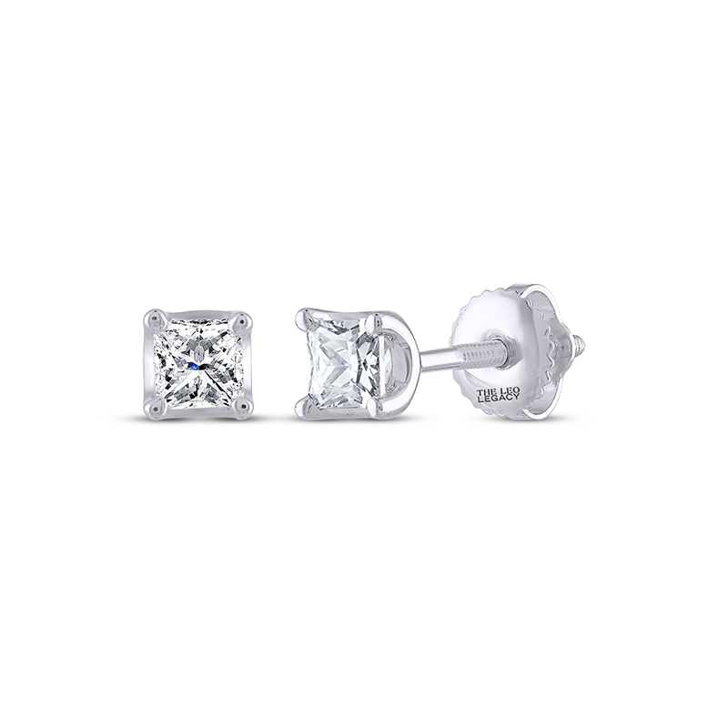 Main Image 1 of Previously Owned THE LEO Legacy Lab-Grown Diamond Princess-Cut Solitaire Stud Earrings 1/2 ct tw 14K White Gold (F/VS2)