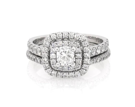 Previously Owned Neil Lane Cushion-Cut Diamond Double Halo Bridal Set 1-3/8 ct tw 14K White Gold Size 6.5