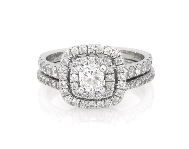 Main Image 1 of Previously Owned Neil Lane Cushion-Cut Diamond Double Halo Bridal Set 1-3/8 ct tw 14K White Gold Size 6.5