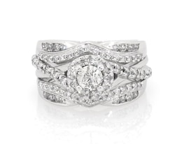 Previously Owned Round-Cut Diamond Halo Bridal Set 3/4 ct tw 10K White Gold Size 3.25