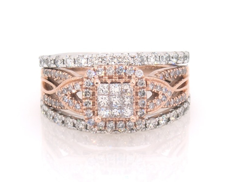 Main Image 1 of Previously Owned Princess-Cut Multi-Diamond Bridal Set 1 ct tw 10K Two-Tone Gold Size 6.75