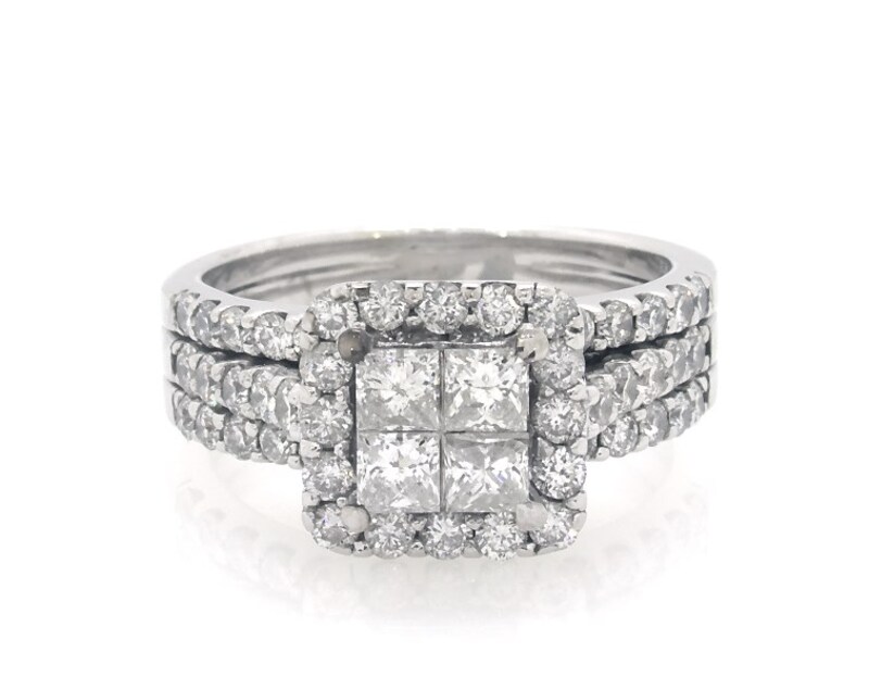 Main Image 1 of Previously Owned Princess-Cut Quad Diamond Cushion Halo Bridal Set 2 ct tw 14K White Gold Size 6.75