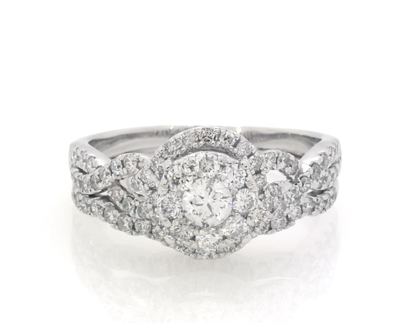 Main Image 1 of Previously Owned Round-Cut Diamond Halo Bridal Set 1-1/5 ct tw 14K White Gold Size 8.25