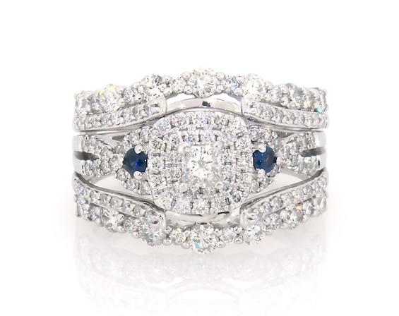 Previously Owned Princess-Cut Diamond & Blue Sapphire Bridal Set 2 ct tw 14K White Gold Size 9.75