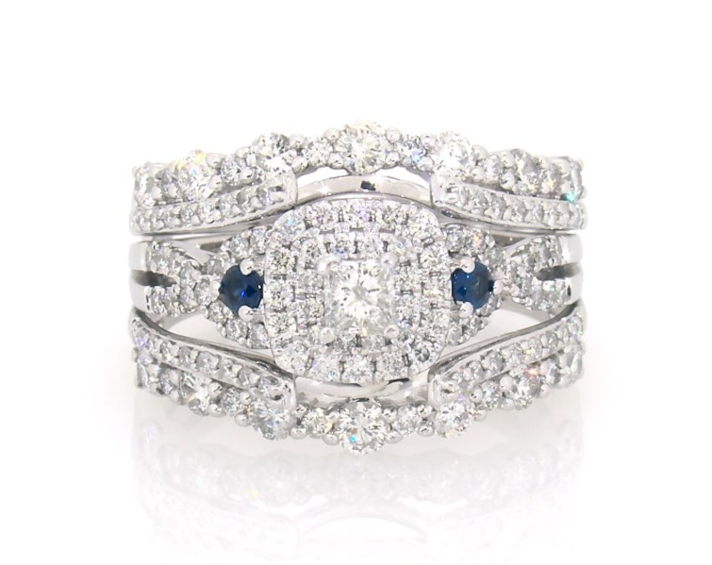 Main Image 1 of Previously Owned Princess-Cut Diamond & Blue Sapphire Bridal Set 2 ct tw 14K White Gold Size 9.75