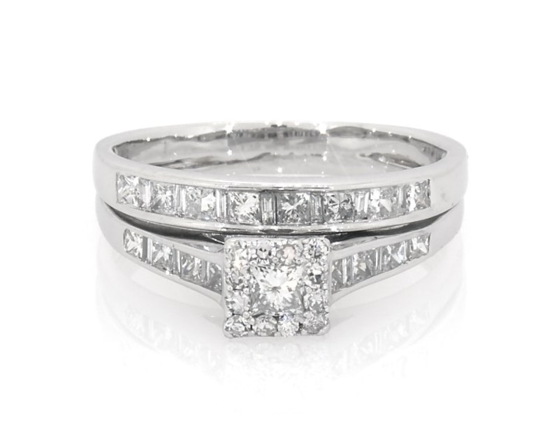 Main Image 1 of Previously Owned Princess-Cut Diamond Halo Bridal Set 7/8 ct tw 14K White Gold Size 9.5
