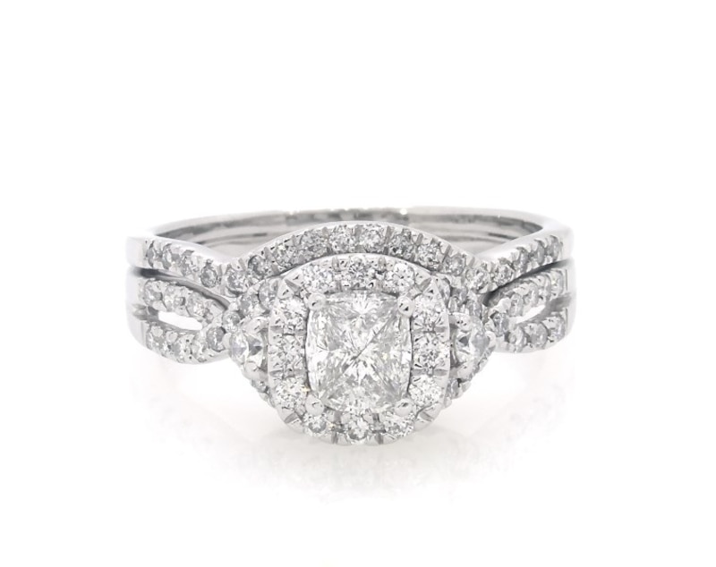 Main Image 1 of Previously Owned Pie-Cut Multi-Diamond Halo Bridal Set 7/8 ct tw 14K White Gold Size 8.75