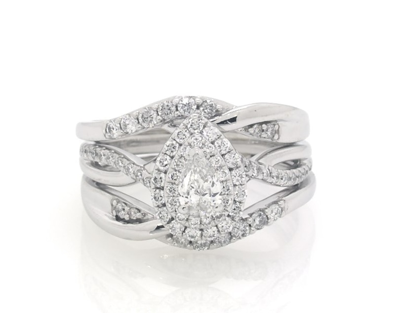 Main Image 1 of Previously Owned Pear-Shaped Diamond Double Halo Bridal Set 5/8 ct tw 14K White Gold Size 5.75