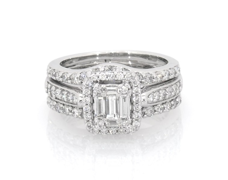 Main Image 1 of Previously Owned Baguette & Round-Cut Multi-Diamond Halo Bridal Set 7/8 ct tw 14K White Gold Size 4.5