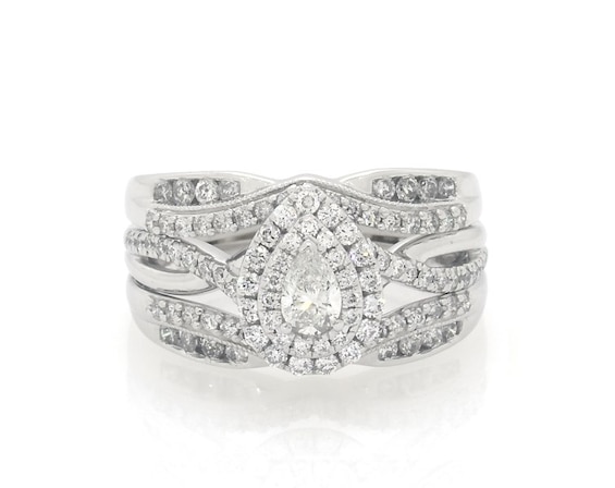Previously Owned Pear-Shaped Diamond Double Halo Bridal Set 3/4 ct tw 14K White Gold Size 6