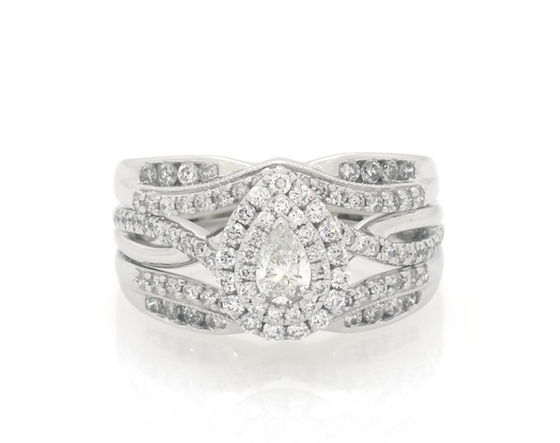 Main Image 1 of Previously Owned Pear-Shaped Diamond Double Halo Bridal Set 3/4 ct tw 14K White Gold Size 6
