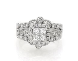 Previously Owned Princess-Cut Quad Diamond Cushion Halo Bridal Set 1-3/8 ct tw 14K White Gold Size 8.75