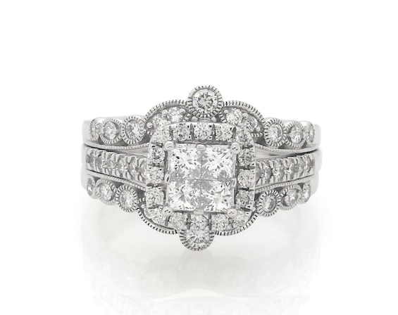 Previously Owned Princess-Cut Quad Diamond Cushion Halo Bridal Set 1-3/8 ct tw 14K White Gold Size 8.75