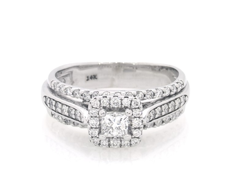 Main Image 1 of Previously Owned Princess-Cut Diamond Halo Bridal Set 1 ct tw 14K White Gold Size 9.25