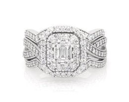 Previously Owned Baguette & Round-Cut Diamond Double Halo Bridal Set 1-1/3 ct tw 14K White Gold Size 8