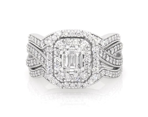 Previously Owned Baguette & Round-Cut Diamond Double Halo Bridal Set 1-1/3 ct tw 14K White Gold Size 8