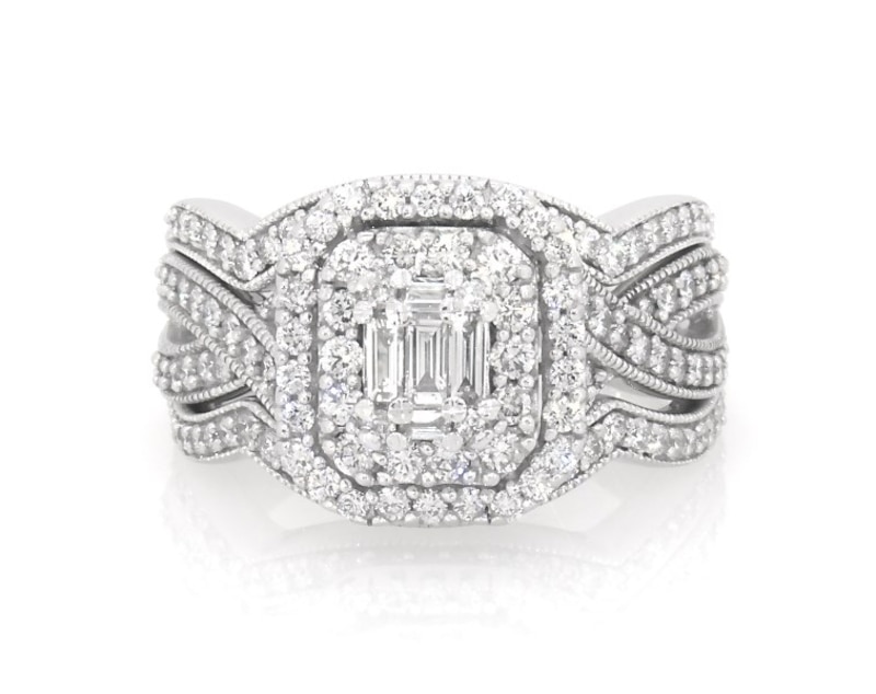 Main Image 1 of Previously Owned Baguette & Round-Cut Diamond Double Halo Bridal Set 1-1/3 ct tw 14K White Gold Size 8