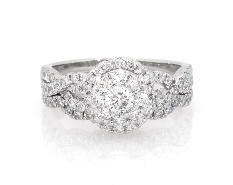 Main Image 1 of Previously Owned Round-Cut Diamond Halo Bridal Set 1-1/5 ct tw 14K White Gold Size 7.5