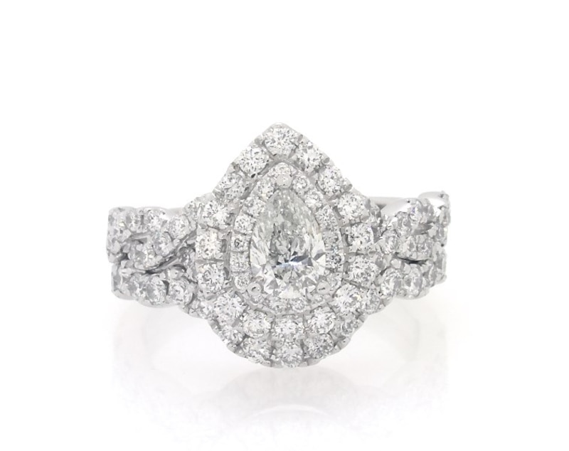 Main Image 1 of Previously Owned Neil Lane Pear-Shaped Diamond Double Halo Bridal Set 1-5/8 ct tw 14K White Gold Size 5.25