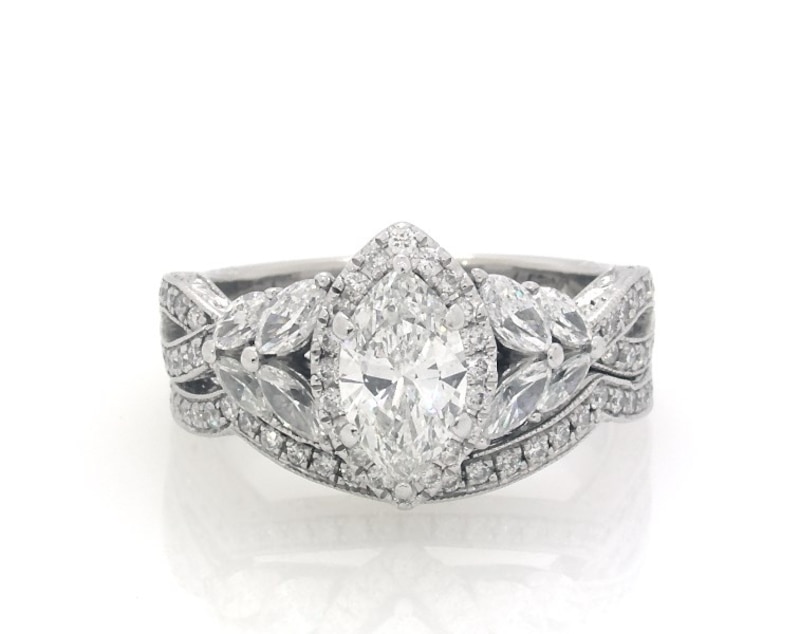 Main Image 1 of Previously Owned Neil Lane Marquise-Cut Diamond Halo Bridal Set 1-1/2 ct tw 14K White Gold Size 5.25