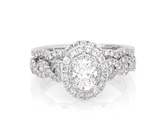 Previously Owned Neil Lane Oval-Cut Diamond Double Halo Bridal Set 1-3/8 ct tw 14K White Gold Size 5.75
