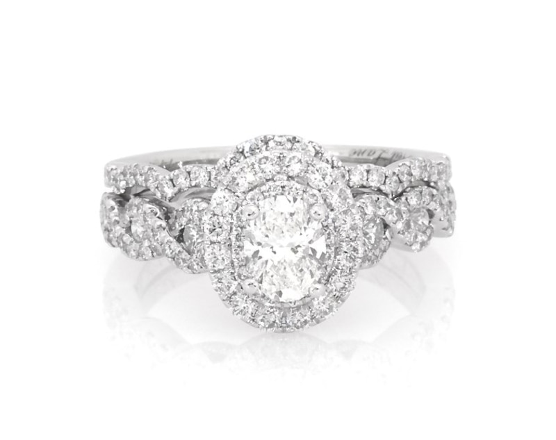 Main Image 1 of Previously Owned Neil Lane Oval-Cut Diamond Double Halo Bridal Set 1-3/8 ct tw 14K White Gold Size 5.75