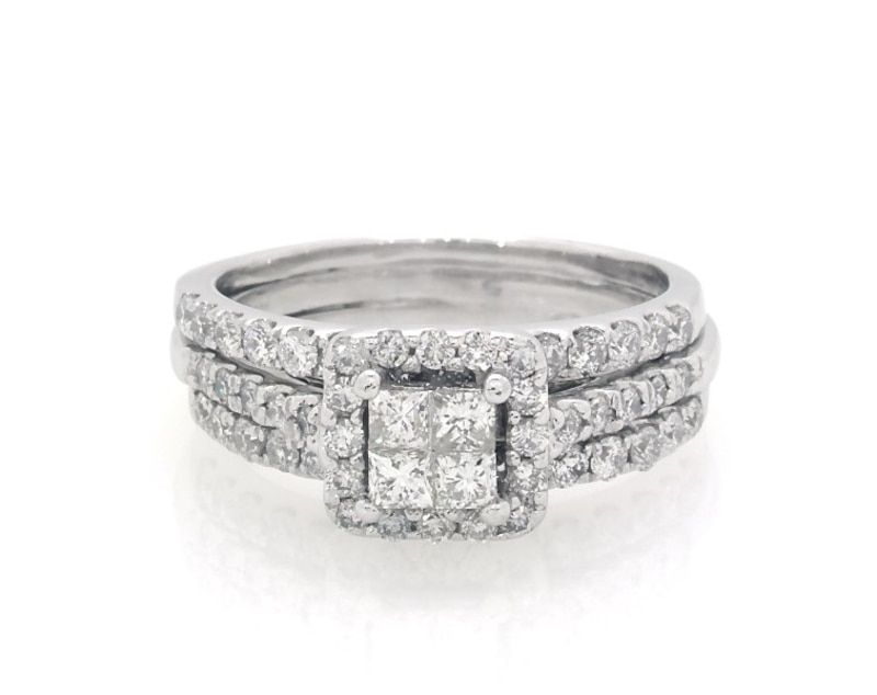 Main Image 1 of Previously Owned Princess-Cut Quad Diamond Halo Bridal Set 7/8 ct tw 14K White Gold Size 4.75