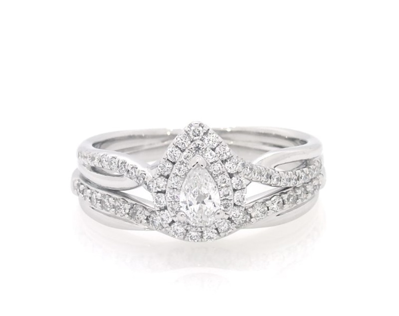 Main Image 1 of Previously Owned Pear-Shaped Diamond Double Halo Bridal Set 5/8 ct tw 14K White Gold Size 8
